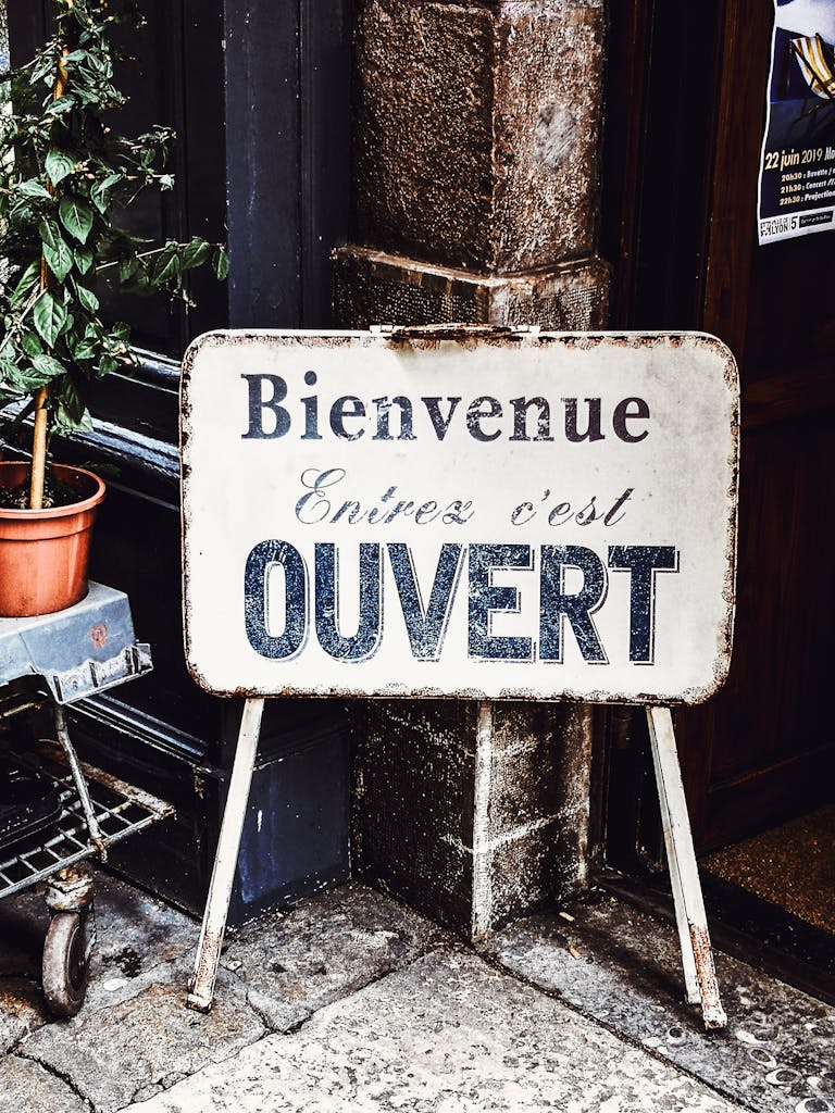 Rustic 'Ouvert' sign welcoming visitors in Lyon, France.
